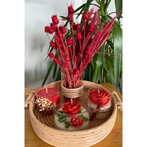 Bambu Hasır Tepsi Dekoratif Mum Kırmızı Çiçekli Cam Vazo Kokulu Mum 5li Set Yeni Yıl Hediyesi