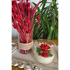 Beyaz Varak Tepsili Dekoratif Mum Ve Çiçekli Cam Vazo Kırmızı Temalı 3lü Set