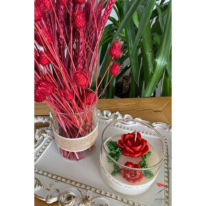 Beyaz Varak Tepsili Dekoratif Mum Ve Çiçekli Cam Vazo Kırmızı Temalı 3lü Set