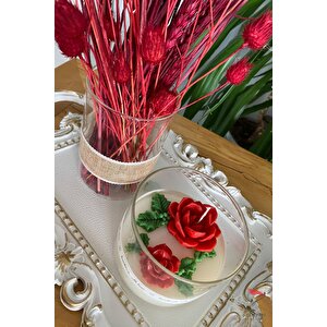 Beyaz Varak Tepsili Dekoratif Mum Ve Çiçekli Cam Vazo Kırmızı Temalı 3lü Set