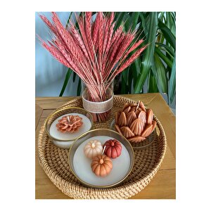 Gizli Kulplu Hasır Tepsili Dekoratif Gül Kurusu Kokulu Mum, Vazolu Gül Kurusu Çiçek Temalı 5li Set