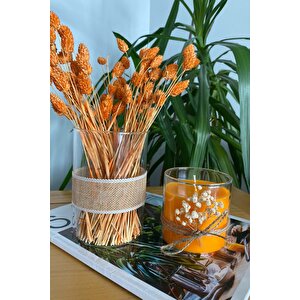 Dekoratif Çiçekli Cam Vazo Ve Sarı Turuncu Kokulu Bardak Mum 2 Li Set