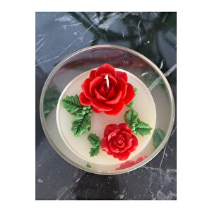 Rattan Hasır Tepsi Dekoratif Mum Kırmızı Çiçekli Cam Vazo Kokulu Mum 5li Set Yeni Yıl Hediyesi