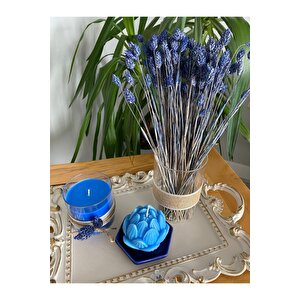 Beyaz Varak Tepsili Dekoratif Mum Ve Çiçek Parlement Mavi Temalı 4lü Set