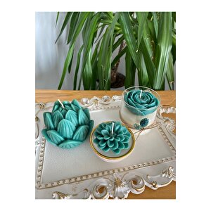 Beyaz Varak Tepsili Dekoratif Mum Ve Turkuaz Yeşil Temalı 4lü Set