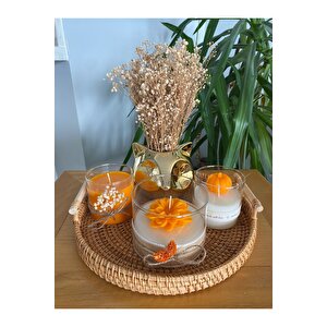 Kulplu Hasır Tepsili Çiçekli Gold Tilki Vazo Ve Sarı Turuncu Mum Lotus Çiçek Temalı 5li Set