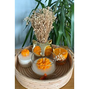 Bambu Tepsili Çiçekli Gold Tilki Vazo Ve Sarı Turuncu Bardak Mum Lotus Çiçek Temalı 5li Set
