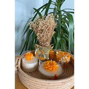 Bambu Tepsili Çiçekli Gold Tilki Vazo Ve Sarı Turuncu Bardak Mum Lotus Çiçek Temalı 5li Set