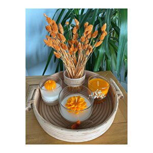 Bambu Tepsili Dekoratif Çiçekli Cam Vazo Ve Sarı Turuncu Bardak Mum Lotus Çiçek Temalı 5li Set