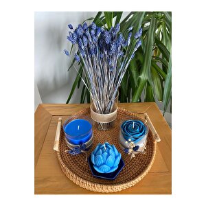 Kulplu Hasır Tepsili Dekoratif Parlement Mavi Lotus Ve Gül Mum, Vazolu Mavi Çiçek Temalı 5li Set