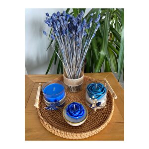 Kulplu Hasır Tepsili Dekoratif Parlement Kase Mavi Gül Mum Vazolu Çiçek Temalı 5li Set
