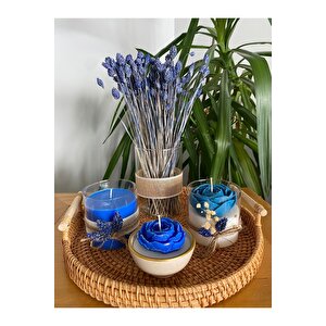 Kulplu Hasır Tepsili Dekoratif Parlement Kase Mavi Gül Mum Vazolu Çiçek Temalı 5li Set