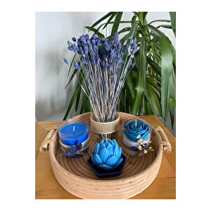 Kulplu Bambu Tepsili Dekoratif Parlement Mavi Lotus Ve Gül Mum, Vazolu Mavi Çiçek Temalı 5li Set