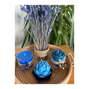 Kulplu Bambu Tepsili Dekoratif Parlement Mavi Lotus Ve Gül Mum, Vazolu Mavi Çiçek Temalı 5li Set