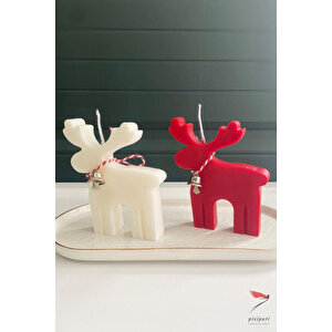 Yeni Yıl Süsleri, Beyaz Ve Kırmızı Noel Geyik Kokulu Mum 2li Set, Yılbaşı Dekoratif Mum, Ev Dekoru