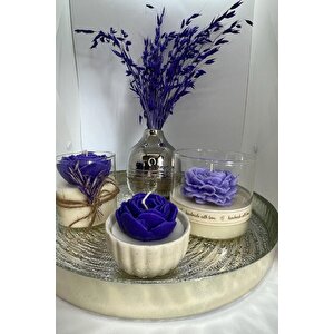 Cam Urban Gümüş Tepsili Dekoratif Mum Ve Cam Vazo Mor/lila Çiçek Temalı 5li Set