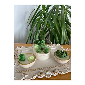 Beyaz Varak Tepsili Dekoratif Mum Yeşil Çiçek Kaktüs Temalı 4lü Set