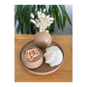 Bohem Koleksiyonu, El Yapımı Kokulu Dekoratif Mum, Kahverengi Kuş Otu Vazolu Çiçekli Mum 5li Set