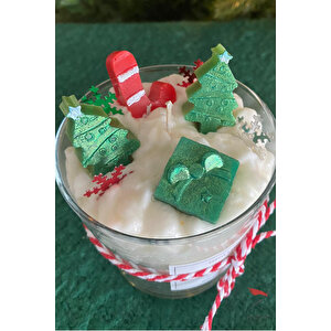 Noel Objeli Tasarım Krema Dekoratif Mum, Yeşil Tarçın Kokulu Mum, Yeni Yıl Bardak Mum Yılbaşı Hediye