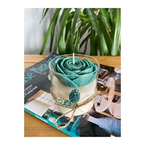 Turkuaz Yeşil Cam Çiçekli Kokulu Dekoratif Mum Kandil