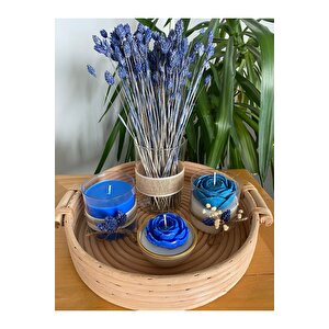 Bambu Tepsili Seramik Kase Mavi Gül Mum Çiçekli Mum 5li Set