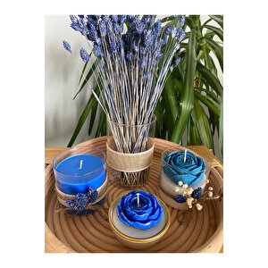 Bambu Tepsili Seramik Kase Mavi Gül Mum Çiçekli Mum 5li Set