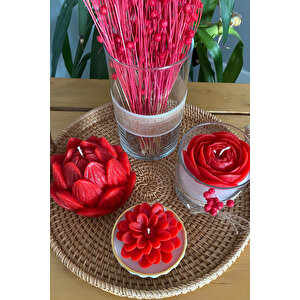 Yeni Yıl Kırmızı Dekoratif Mum, Noel Kokulu Mum, Yılbaşı Rattan Tepsili, Cam Vazo Ve Çiçekli 5li Set