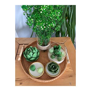 Kulplu Hasır Tepsili Dekoratif Mum Ve Cam Vazo Yeşil Çiçek Kaktüs Temalı 6lı Set