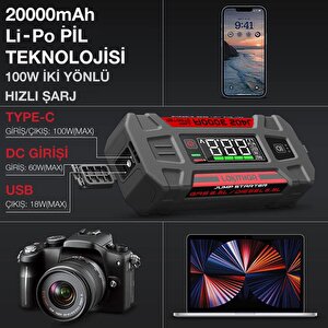 Lokithor J402 12v 3000amp Li-polimer Akıllı Akü Takviye + Powerbank + Led Lamba