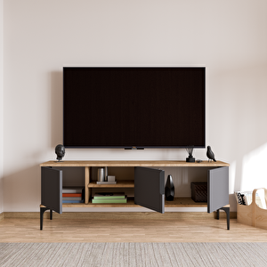 Alonex Home Tarz Full Antrasit, 150 Cm Tv Ünitesi , Tv Sehpası ,Raflı Tv Ünitesi Konsol