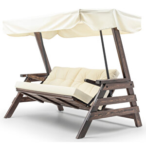 Riva Swing Ahşap Dış Mekan Bahçe Balkon Ve Teras Salıncağı Krem 3 Kişilik Salıncak