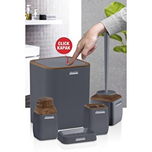 Ahşap Desenli Çizgili 5'li Banyo Seti - Gri