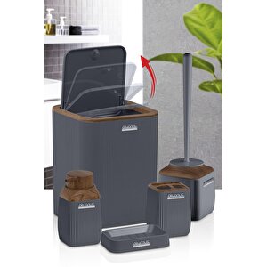 Ahşap Desenli Çizgili 5'li Banyo Seti - Gri