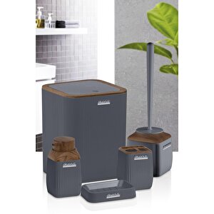 Okyanus Home Ahşap Desenli Çizgili 5'li Banyo Seti - Gri