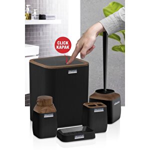 Ahşap Desenli Çizgili 5'li Banyo Seti - Siyah