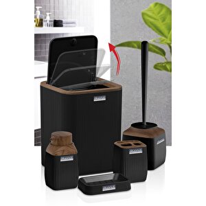 Ahşap Desenli Çizgili 5'li Banyo Seti - Siyah
