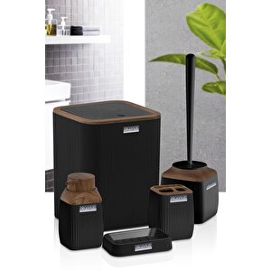 Okyanus Home Ahşap Desenli Çizgili 5'li Banyo Seti - Siyah