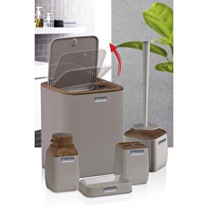 Ahşap Desenli Çizgili 5'li Banyo Seti - Vizon Rengi