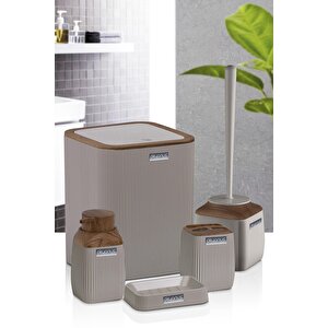 Okyanus Home Ahşap Desenli Çizgili 5'li Banyo Seti - Vizon Rengi