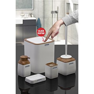 Ahşap Desenli Çizgili 5'li Banyo Seti - Beyaz