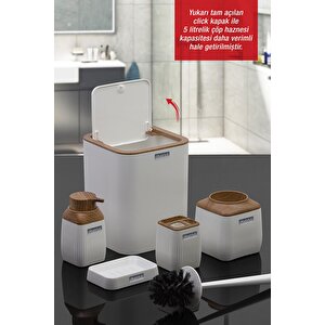 Ahşap Desenli Çizgili 5'li Banyo Seti - Beyaz
