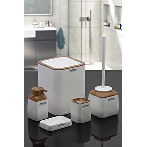 Ahşap Desenli Çizgili 5'li Banyo Seti - Beyaz