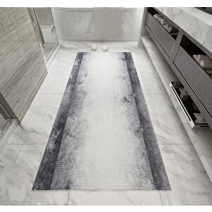 Dijital Baskı Yıkanabilir Kaymaz Taban Bordürlü Gri Salon Halısı Mutfak Halısı Yolluk 150x550 cm