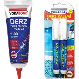 Vodaseal Derz Dolgu 400 Gr Beyaz + Hızlı Kuruyan Su Bazlı Kokusuz Kalıcı Derz Kalemi Beyaz (2'li Set)