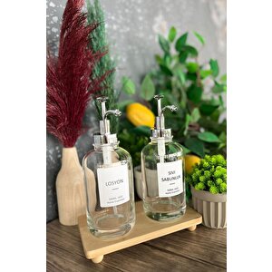 2’li Cam Sıvı Sabun Ve Losyon Etiketli Gümüş Tıpalı Deterjan Şişesi Sabunluk 500 Ml - 2012014-s C1-1-289