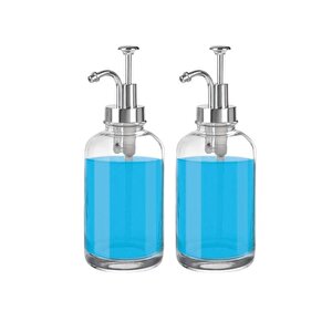 2’li Cam Sıvı Sabun Ve Losyon Etiketli Gümüş Tıpalı Deterjan Şişesi Sabunluk 500 Ml - 2012014-s C1-1-289