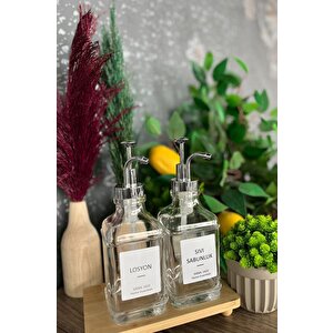 2’li Cam Sıvı Sabun Ve Losyon Etiketli Gümüş Tıpalı Deterjan Şişesi Sabunluk 500 Ml C1-1-289