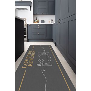 Dijital Baskılı Kaymaz Taban Yıkanabilir Gold Kitchen Yazılı Antrasit Mutfak Halı Yolluk-d5014 120x180 cm