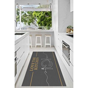 Dijital Baskılı Kaymaz Taban Yıkanabilir Gold Kitchen Yazılı Antrasit Mutfak Halı Yolluk-d5014