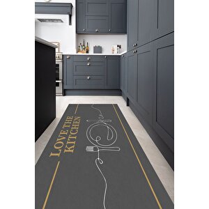 Dijital Baskılı Kaymaz Taban Yıkanabilir Gold Kitchen Yazılı Antrasit Mutfak Halı Yolluk-d5014 80x400 cm